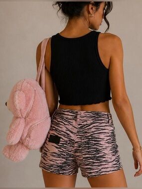 GANNI Pink Black Zebra Print Denim Shorts Size 26 High Rise Organic Cotton